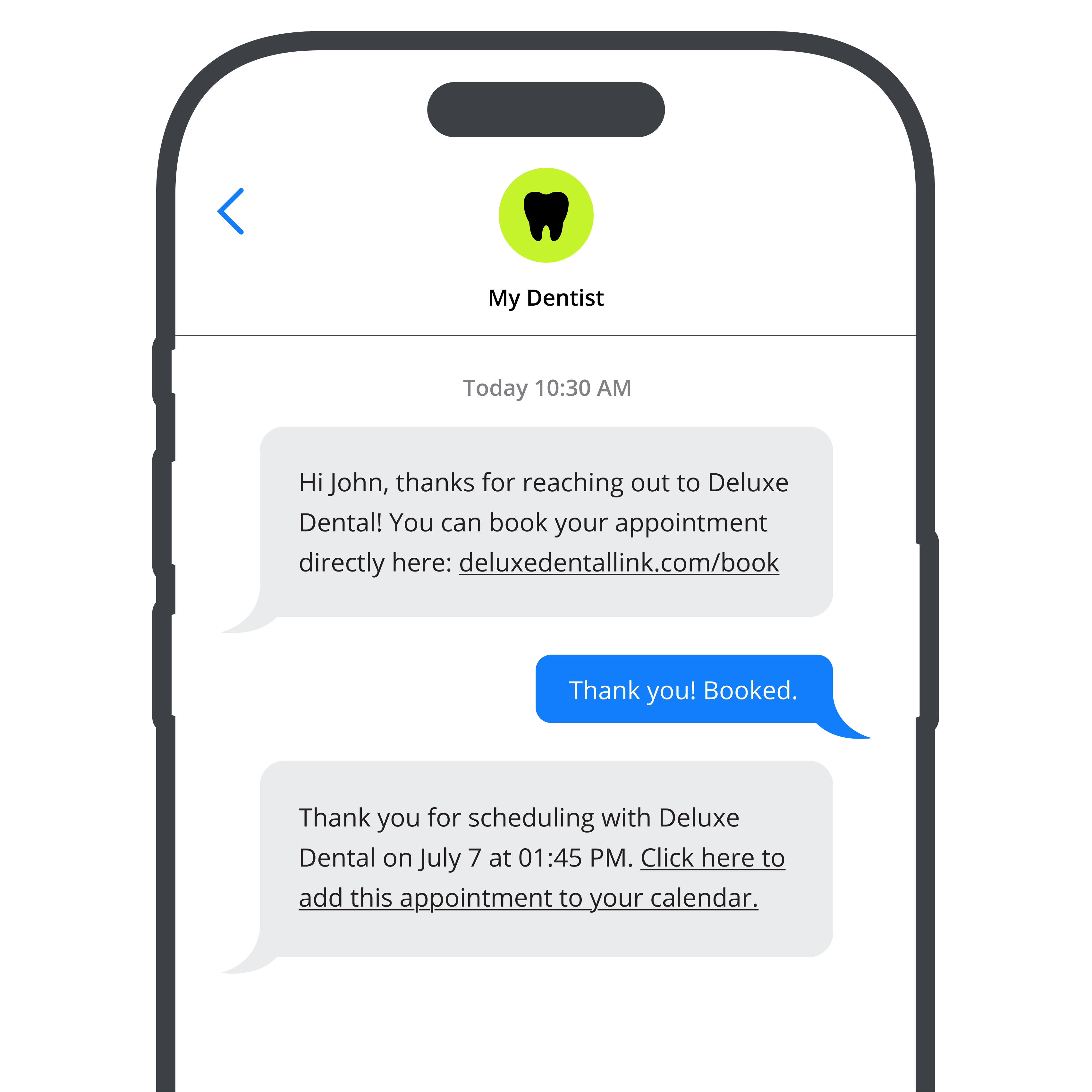 dental appointment confirmation message from automated system