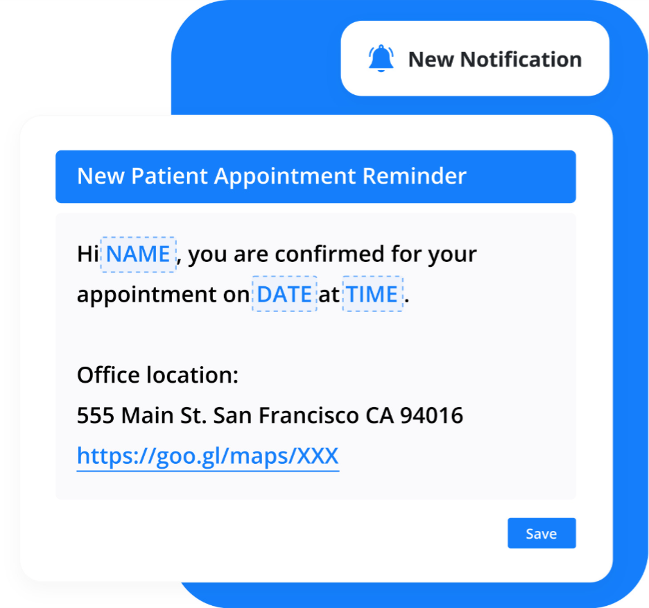 Doctible Traffic Alerts reminder template showing a new patient appointment message with name, date, time, office location, and a map link.