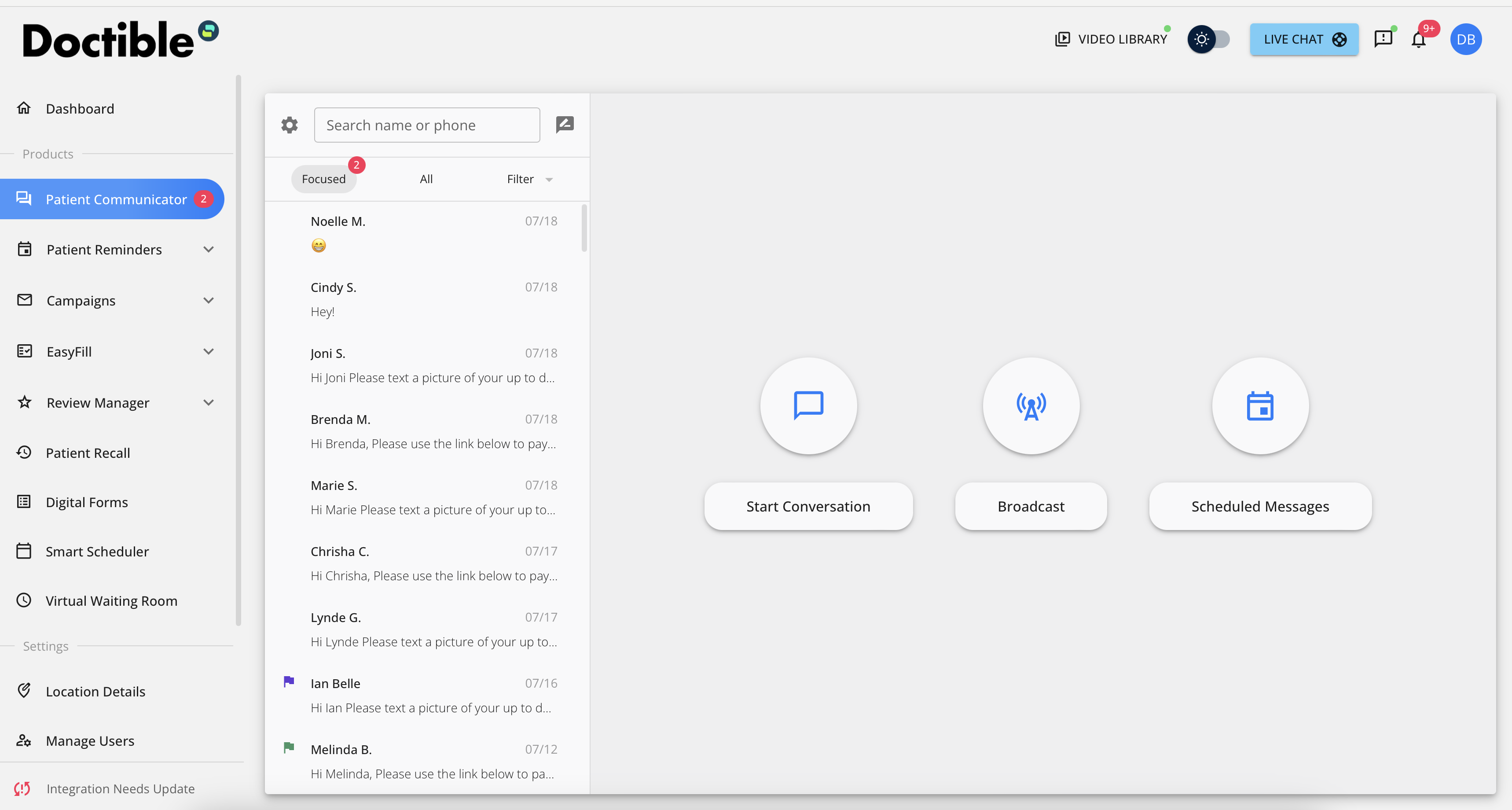 Doctible's Patient Communicator dashboard example of message histories