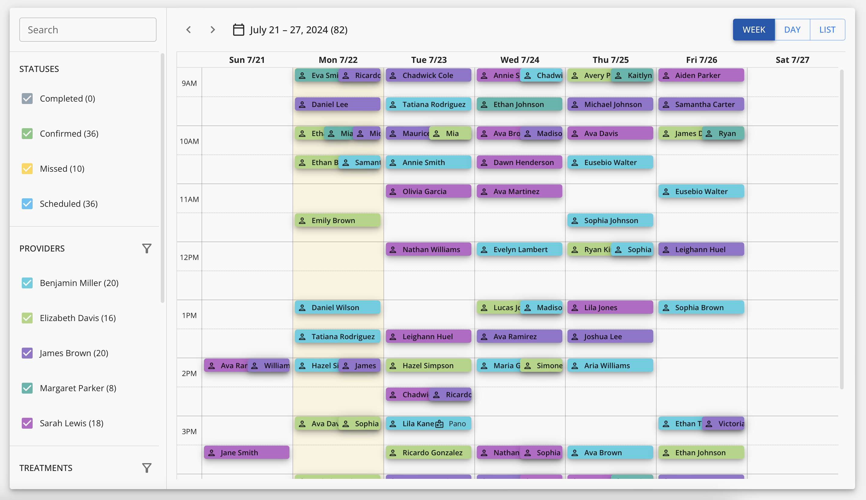Doctible's Reminders calendar with statuses and providers
