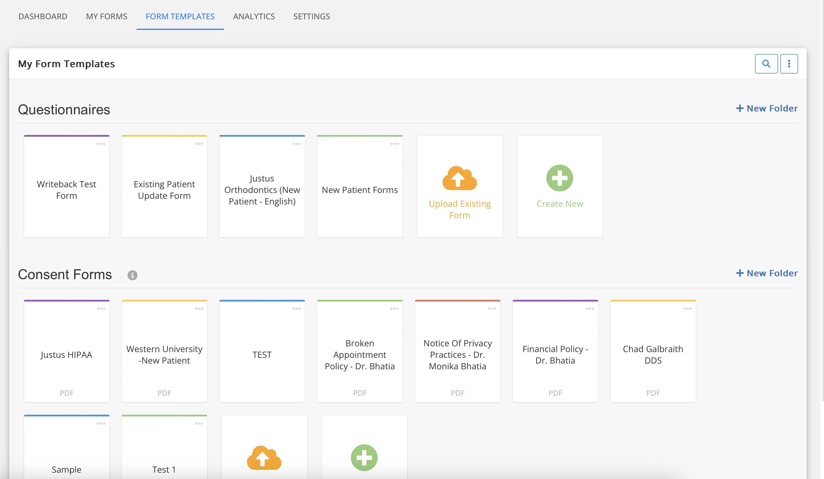 Doctible's Form Templates dashboard for questionnaires and consent forms