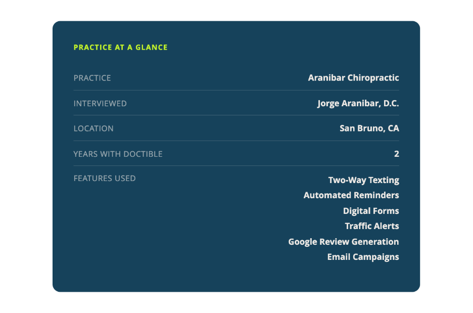 Aranibar Chiropractic "practice at a glance" details
