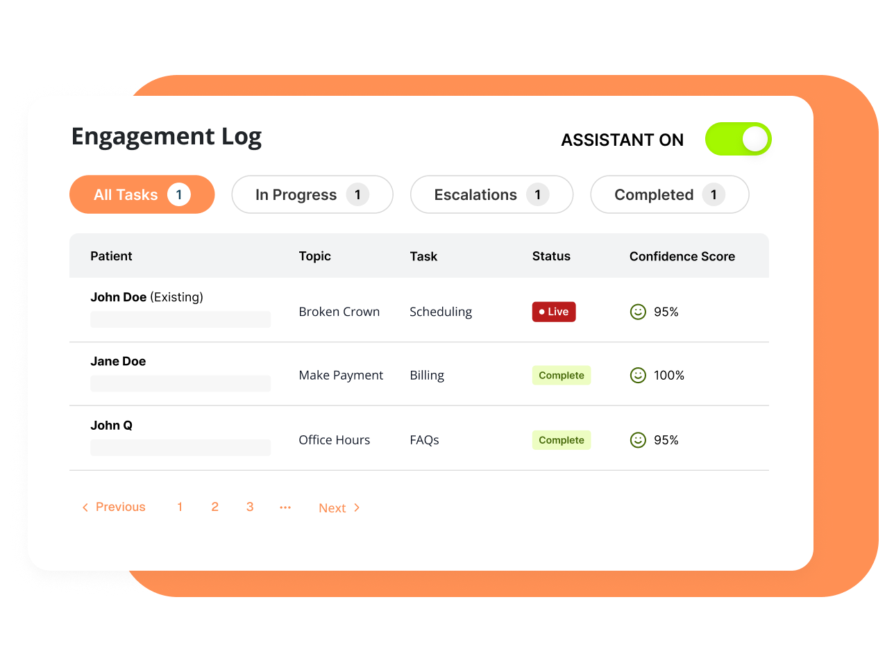 example engagement log for AI assistant for healthcare practices