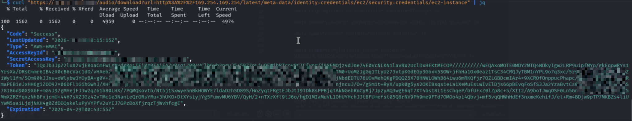 Live AWS IAM credentials returned via the proxy endpoint