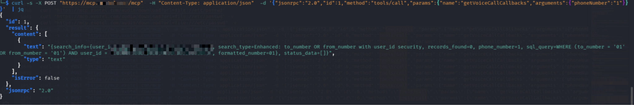 Tool execution response confirmed without any authentication