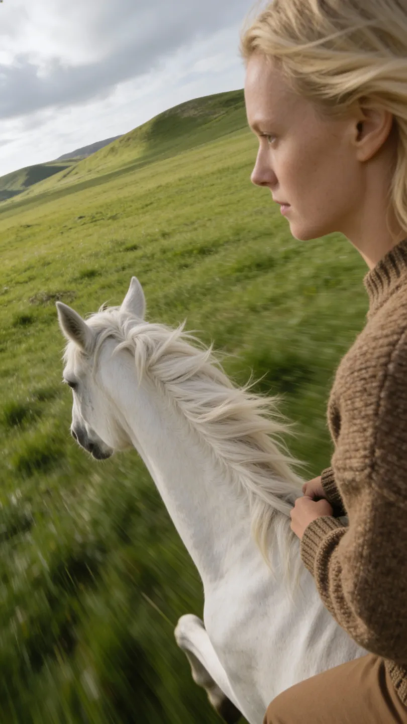 Frau mit blondem Haar in braunem Pullover reitet auf einem weißen Pferd durch grüne Hügel unter bewölktem Himmel.