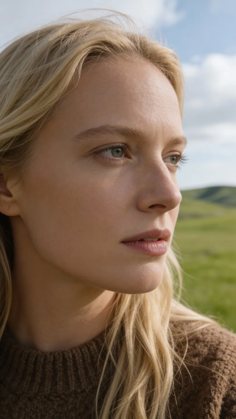 Nahaufnahme einer jungen Frau mit blonden Haaren und braunem Pullover, die in eine grüne Landschaft mit blauem Himmel schaut.