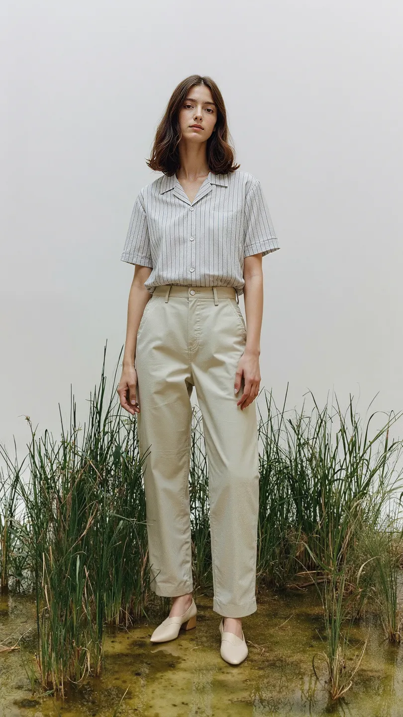Frau in beiger Hose, gestreiftem Hemd und hellen Schuhen steht in einem Bereich mit hohem Gras auf feuchtem Boden.