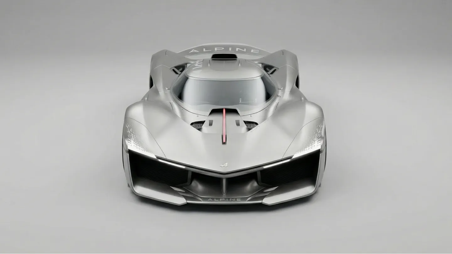 Silbernes Hochleistungs-Sportauto Alpine mit futuristischem Design von vorne.