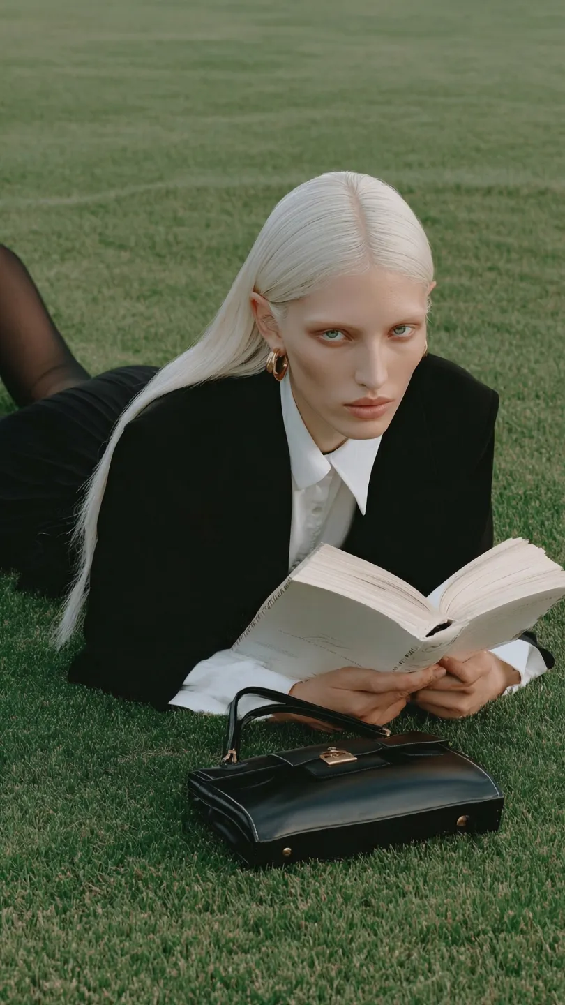 Frau mit platinblonden Haaren liegt auf grünem Gras, liest ein Buch und hat eine schwarze Handtasche neben sich.