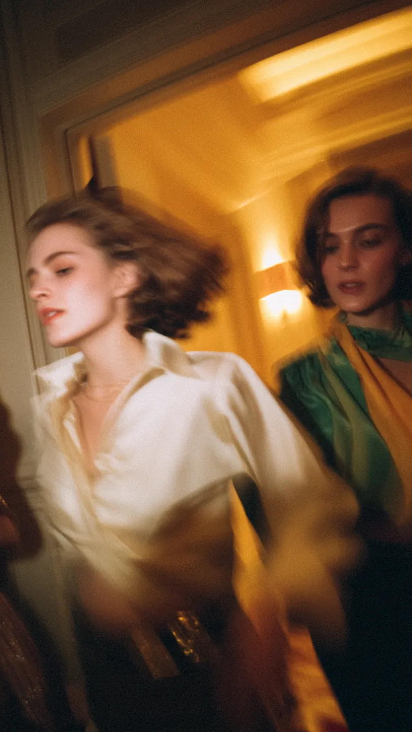 Zwei Frauen mit kurzen Haaren in einem warm beleuchteten Raum, die sich bewegen und unscharf erscheinen.