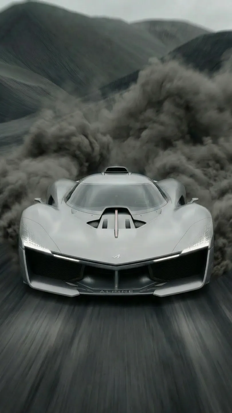 Silberner Alpine Sportwagen fährt vor dunklen Bergen, wirbelt eine Staubwolke auf.