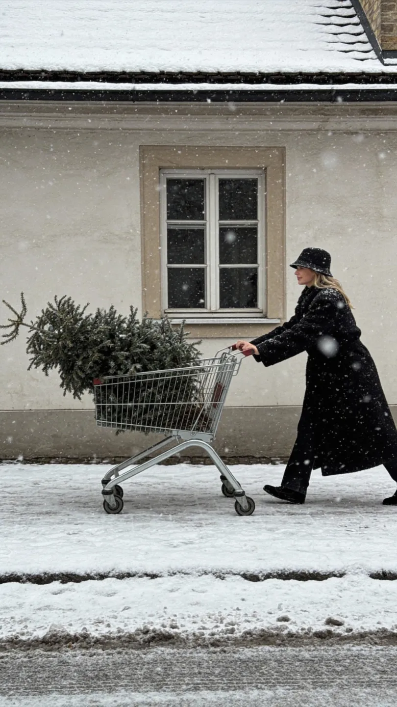 Frau in schwarzem Mantel und Hut schiebt einen Einkaufswagen mit einem Weihnachtsbaum bei Schneefall vor einem Haus.