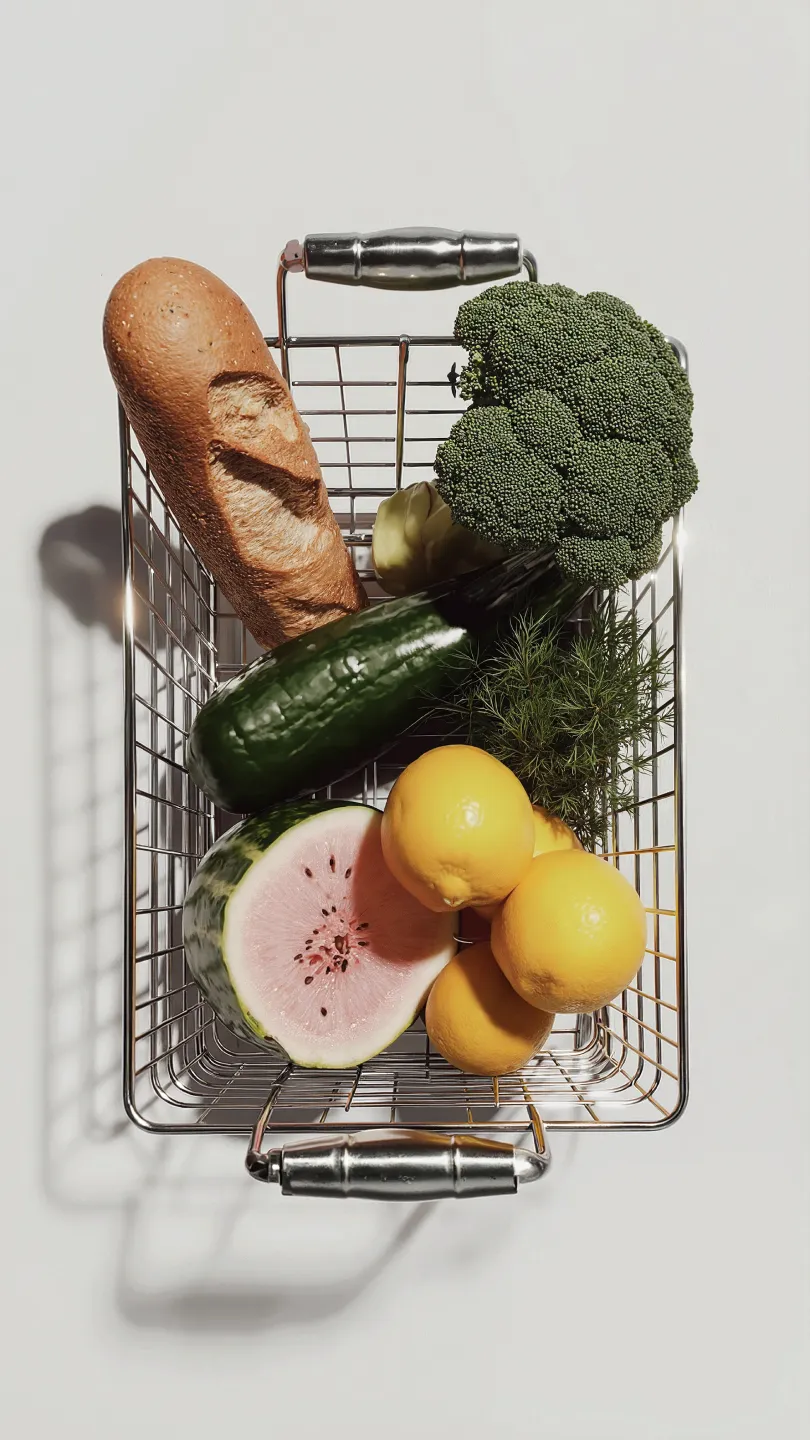 Einkaufskorb mit einem Baguette, Brokkoli, Gurke, einer halbierten Wassermelone, Zitronen und frischen Kräutern.
