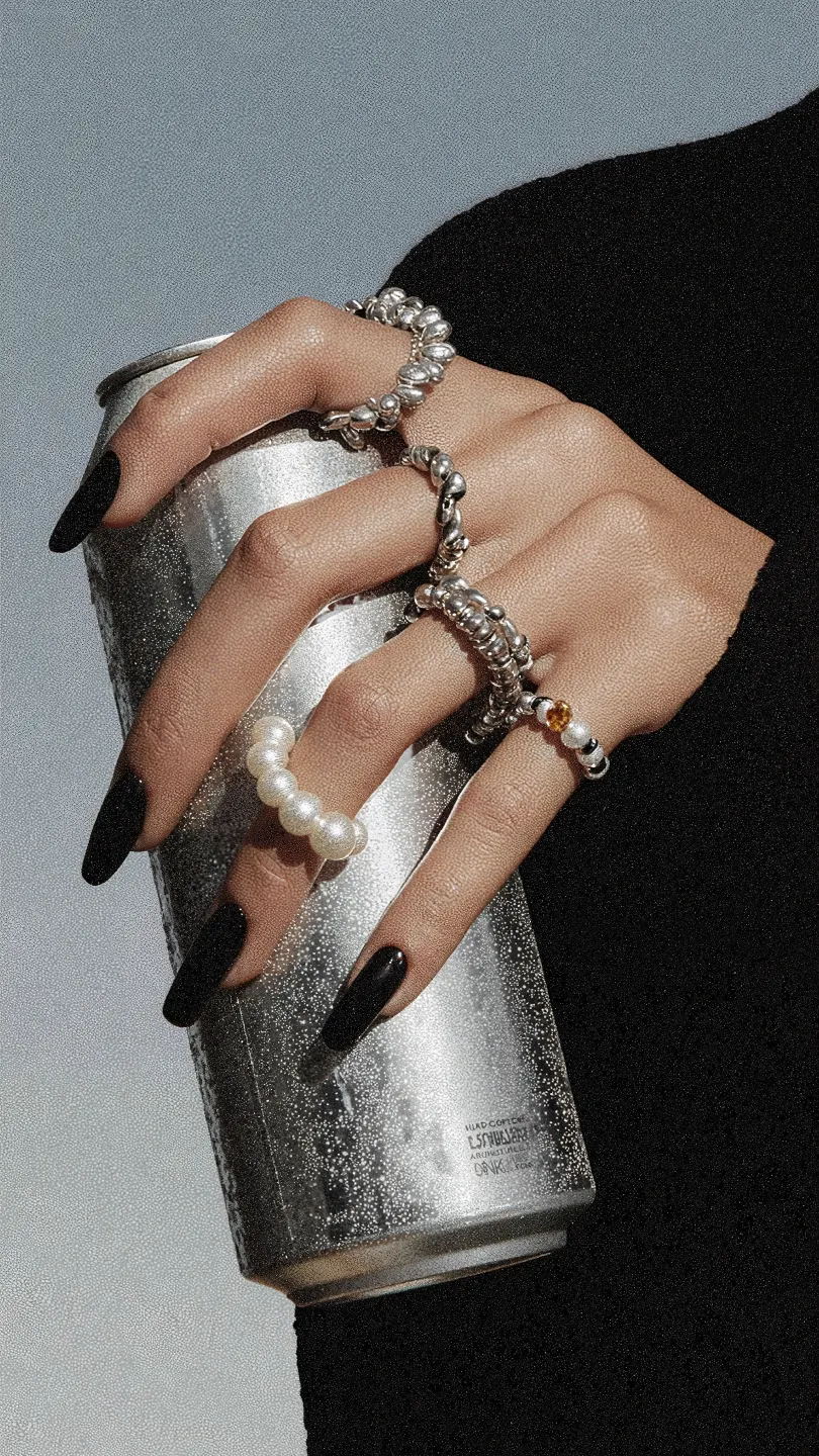 Hand mit schwarzen langen Nägeln und mehreren silbernen und perlenbesetzten Ringen, die eine silberne Getränkedose hält.