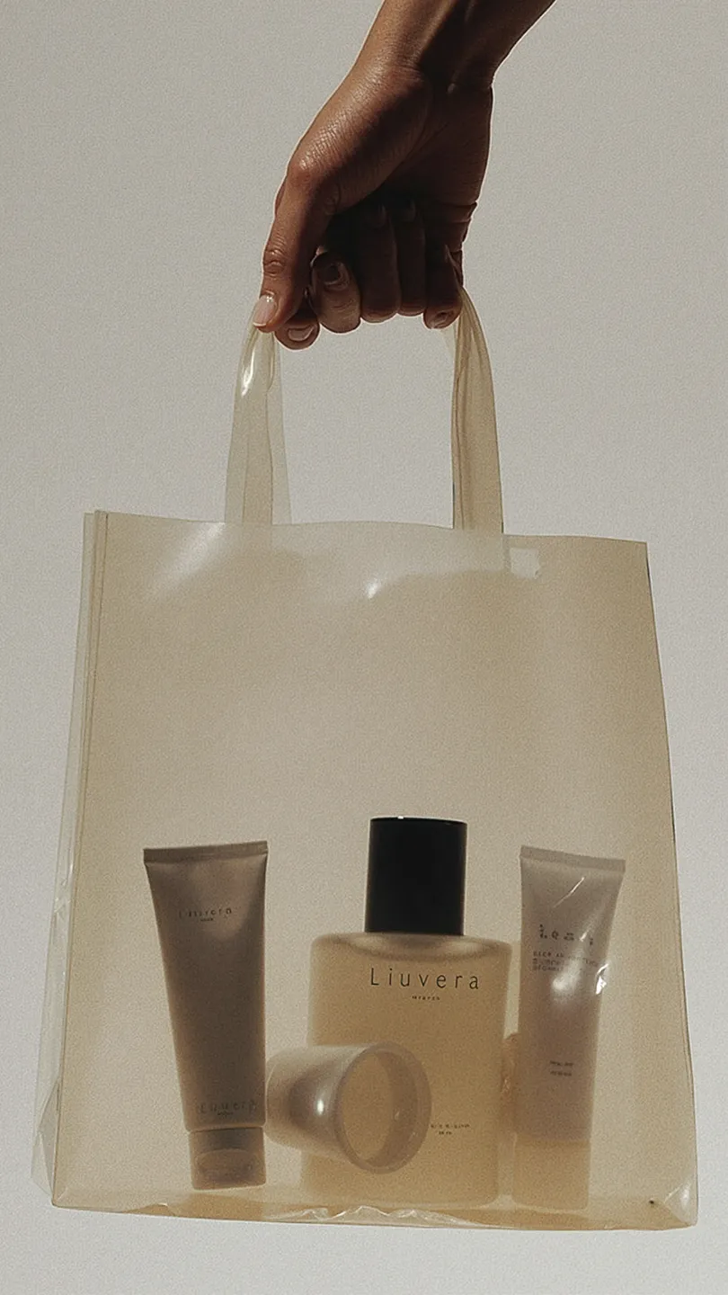 Hand hält transparente Tasche mit drei Kosmetikprodukten der Marke Liuvera.