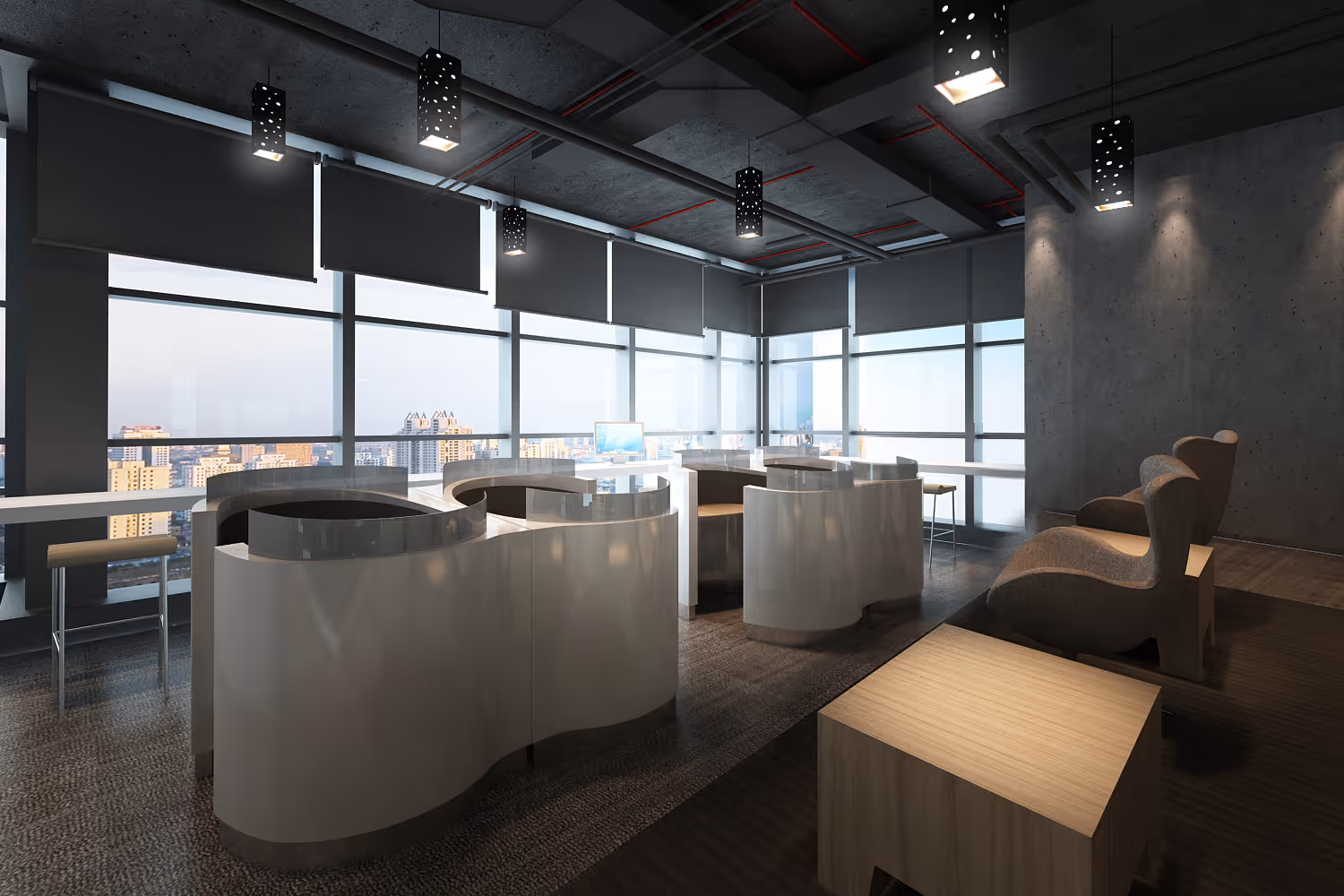 Modern business lounge with curved workstations, lounge chairs, tall windows, and city view.