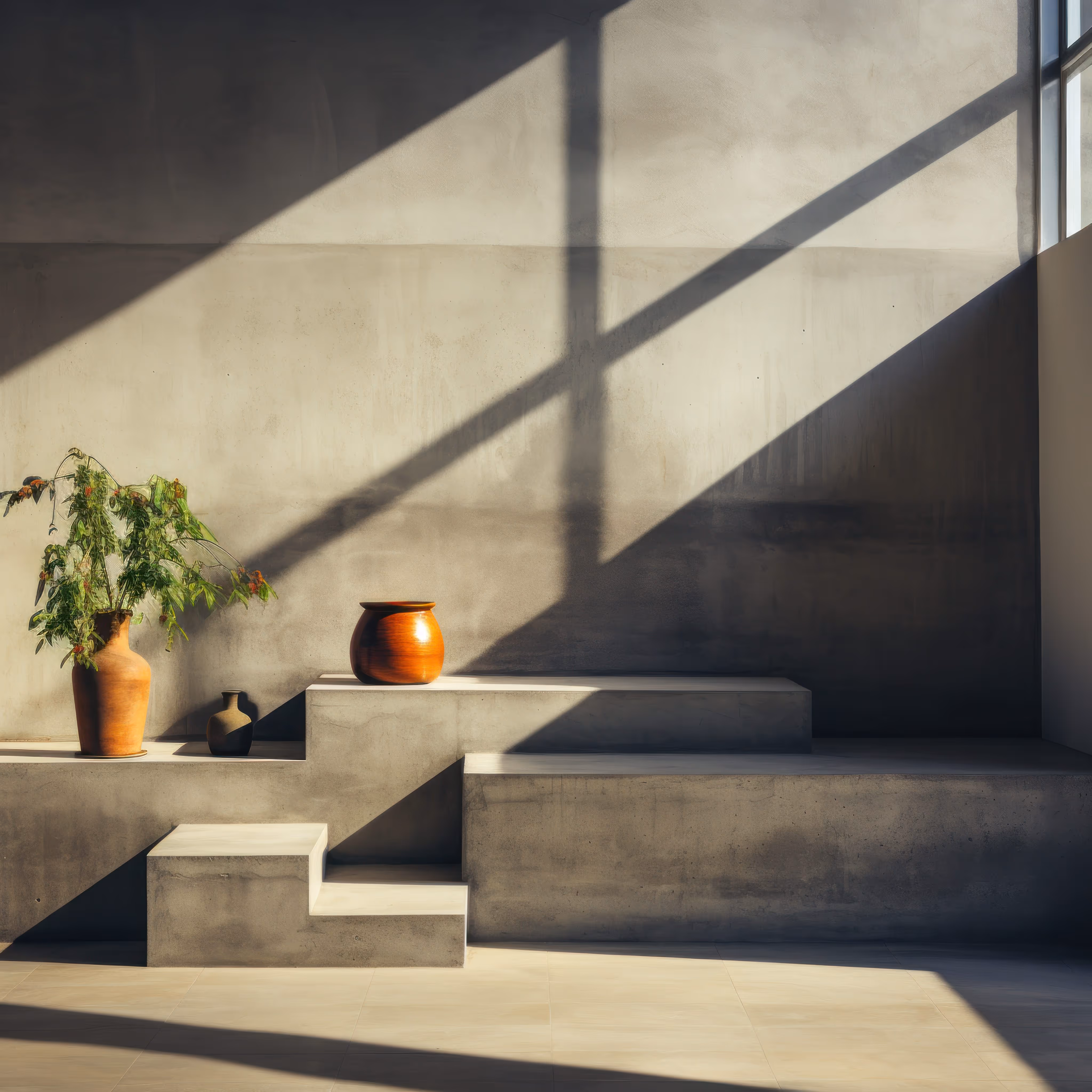 Minimalist interior with microcement walls and steps, decorated with clay pots and indoor plants under natural sunlight.