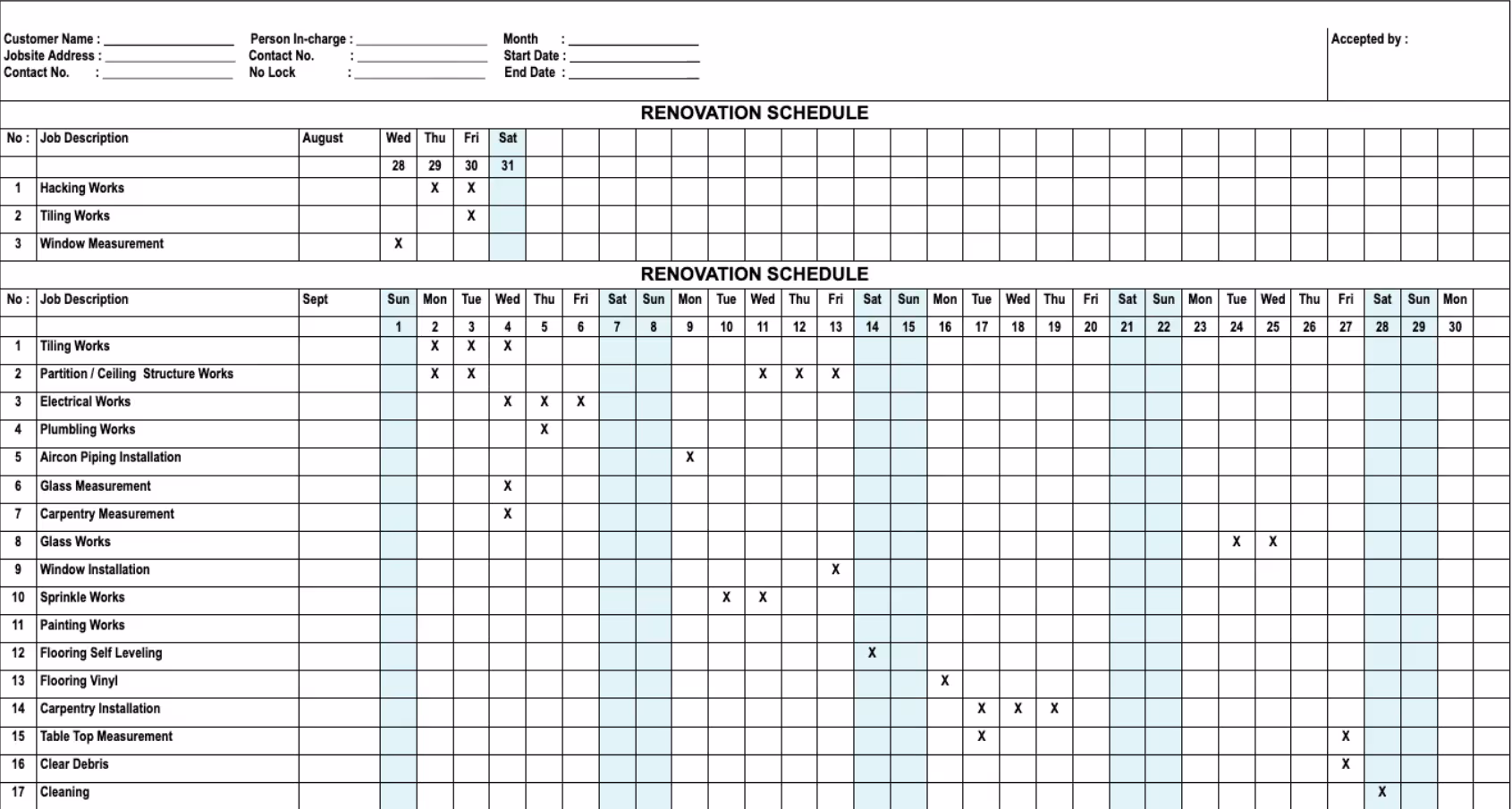 Example of a renovation schedule by a CaseTrust-accredited renovator