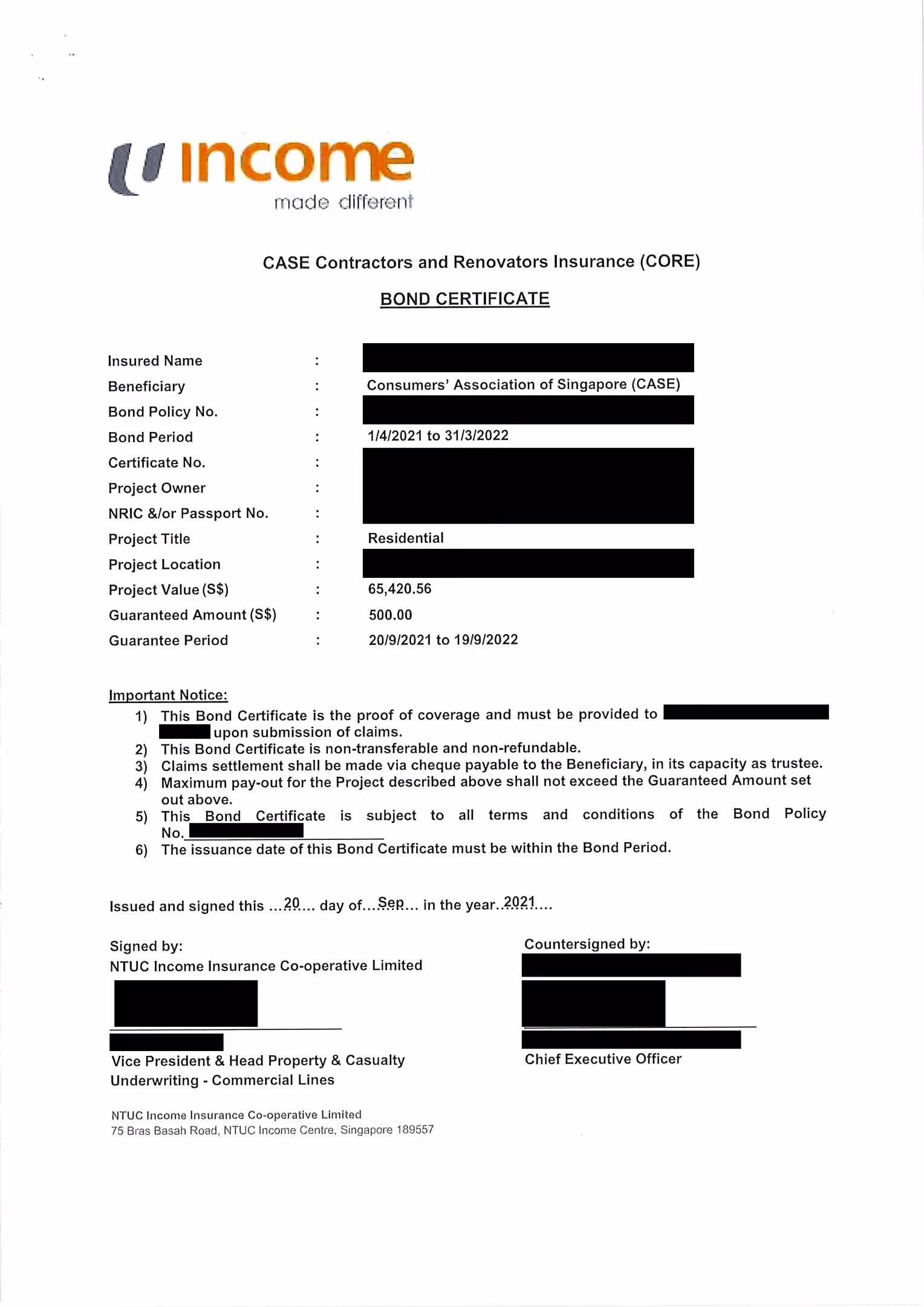 Sample of 100% Deposit Guarantee Performance Bond provided by CaseTrust-RCMA Renovators