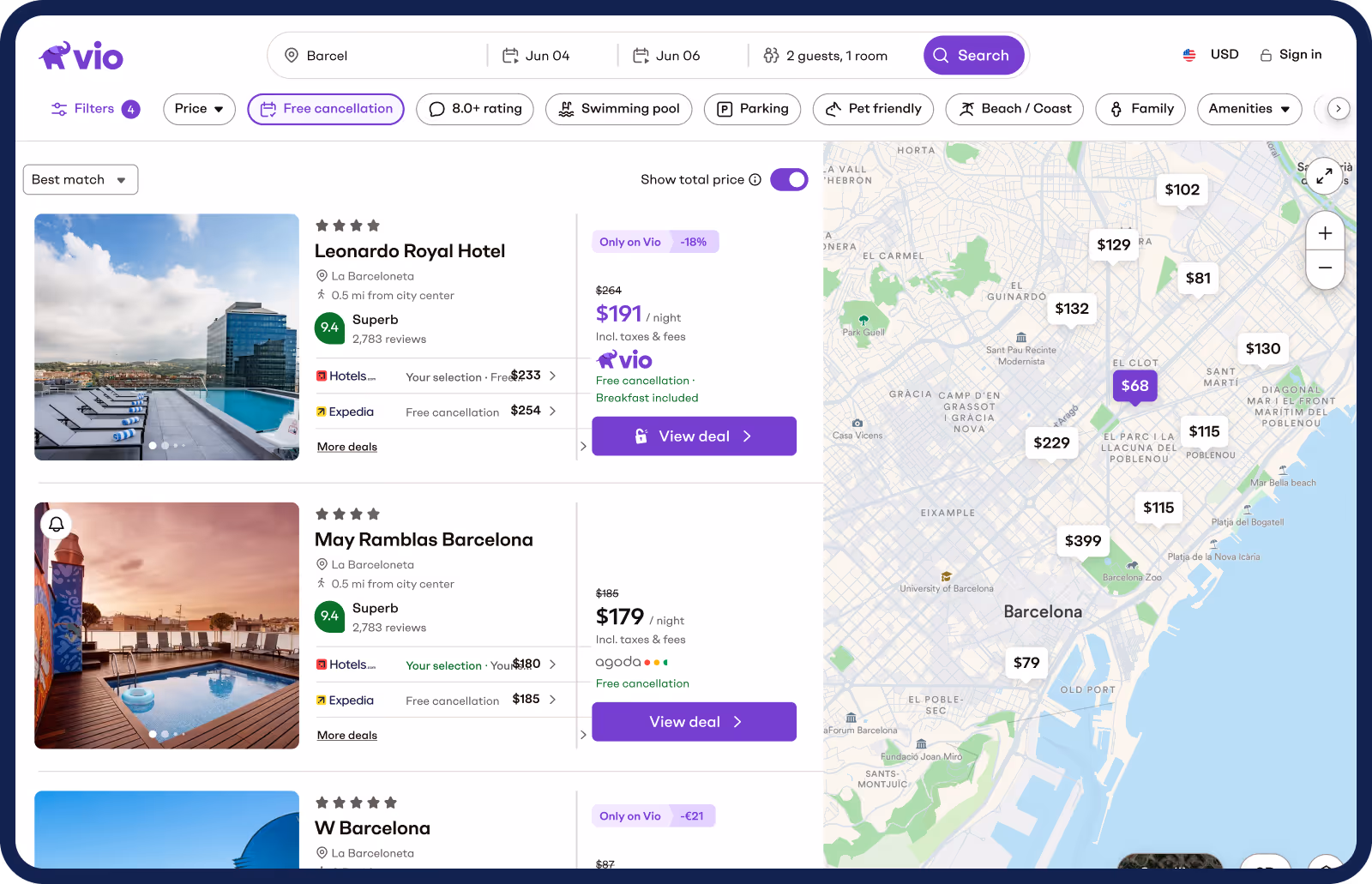 Hotel search screen branded as vio.com