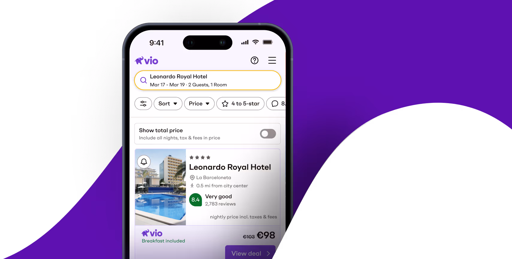 Smartphone showing Vio app with hotel deals alongside App Store and Google Play download buttons