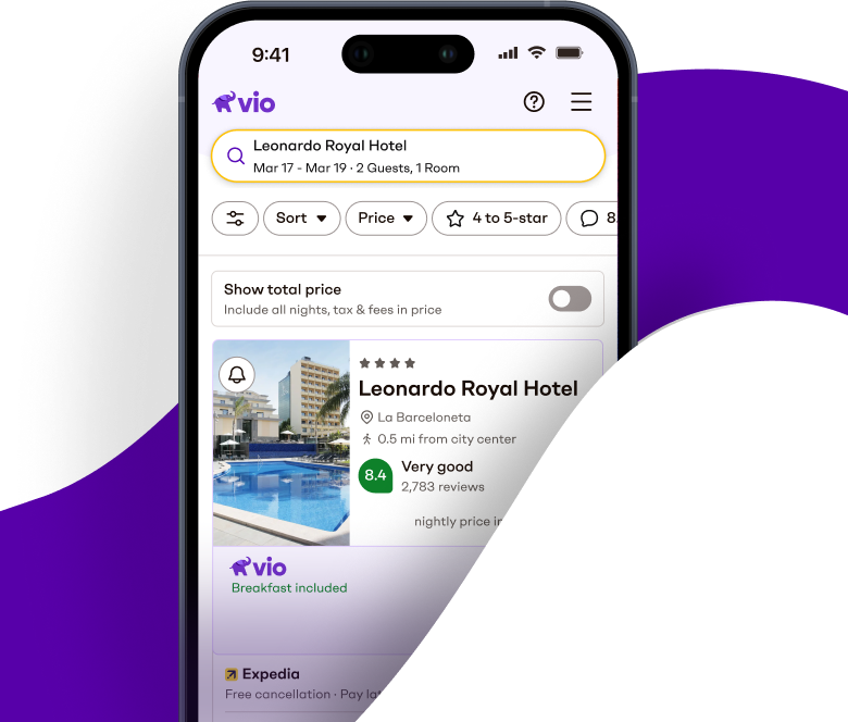 Smartphone showing Vio app with hotel deals alongside App Store and Google Play download buttons