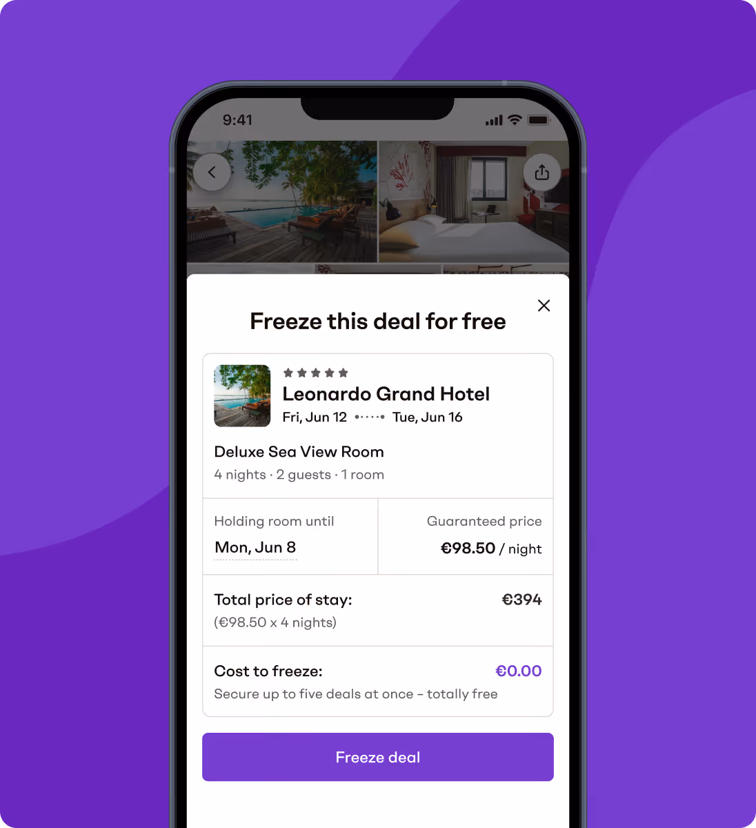 User freezing a hotel deal in the Vio app to secure price and availability