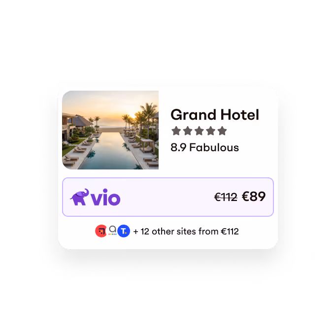Example hotel offer with price comparison and savings shown in the Vio app