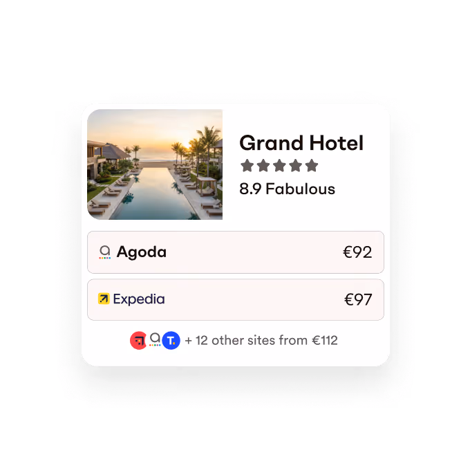 Hotel listing showing prices from multiple booking partners in the Vio app