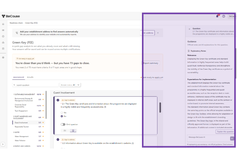 BeCause AI guidance panel showing official explanatory notes and AI-generated guidance for a Green Key certification question