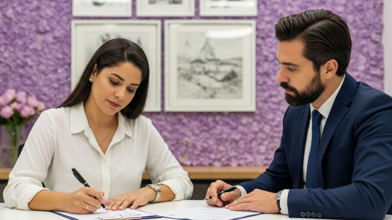 locatária assina modelo de contrato de aluguel enquanto locador observa