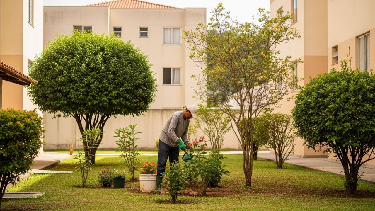 jardineiro cuida de jardim de condomínio