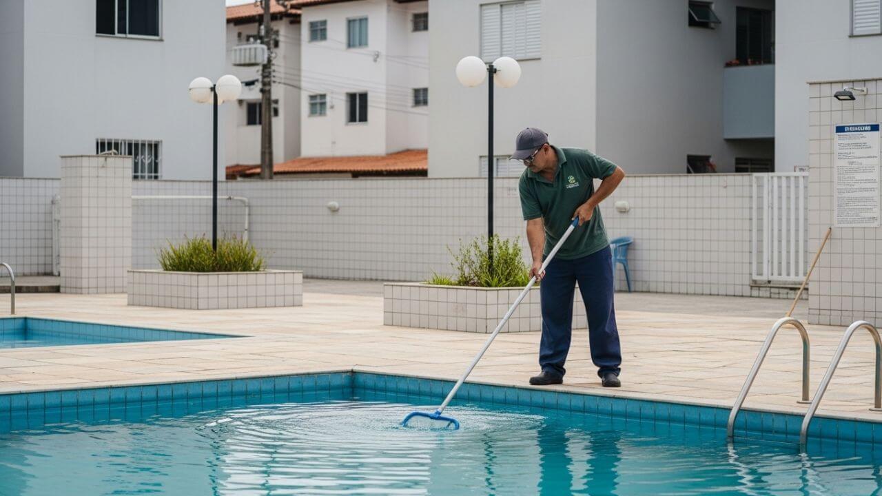 limpeza da piscina feita por zelador de condomínio
