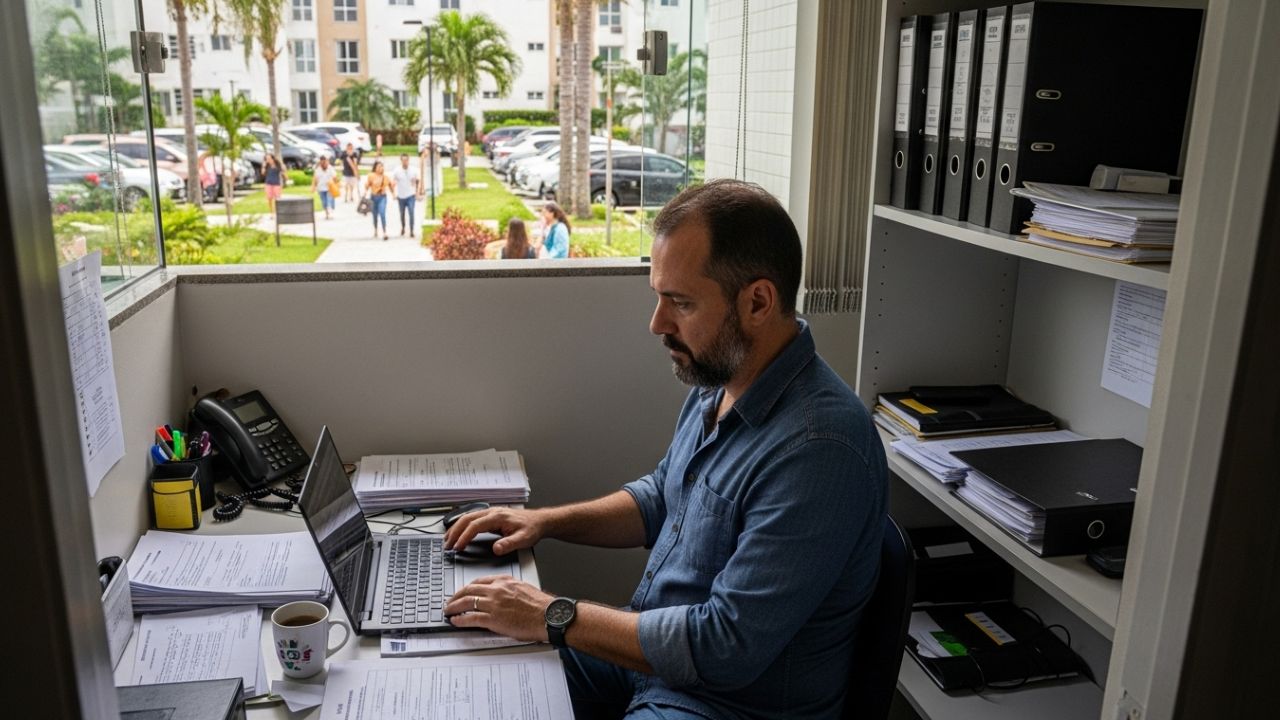 síndico em escritório atende condomínio residencial no Brasil