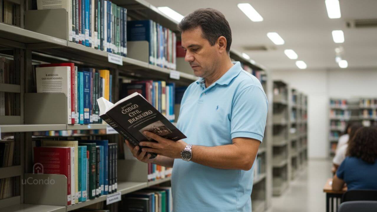 síndico de condomínio lendo um livro de lei
