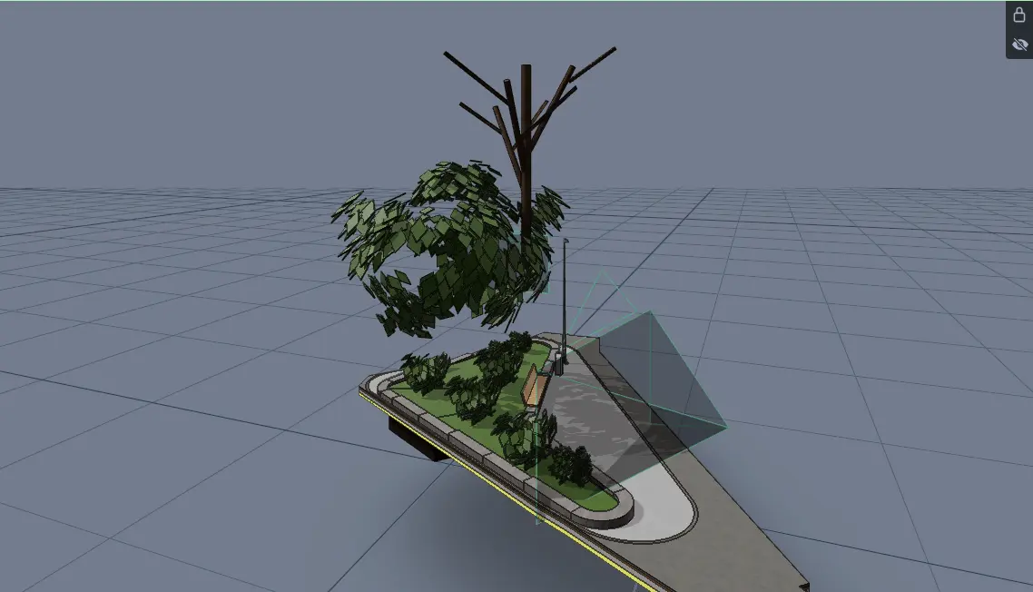 3D model of a small park with a bench, shrubs, a leafy tree, a leafless tree, and a streetlamp on a triangular paved area.