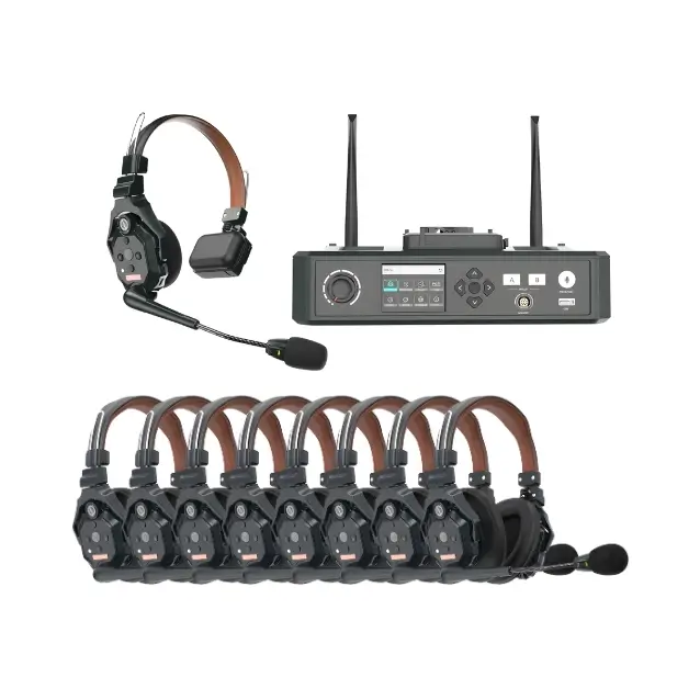 Wireless communication system with one control unit and nine headsets featuring microphones and brown padded headbands.