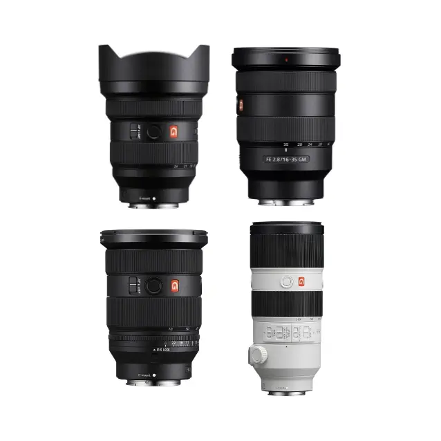 Set of four Sony G Master camera lenses arranged in a grid on a white background.