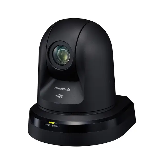 Black Panasonic 4K PTZ camera on a rounded base with a single lens and a power-on indicator.