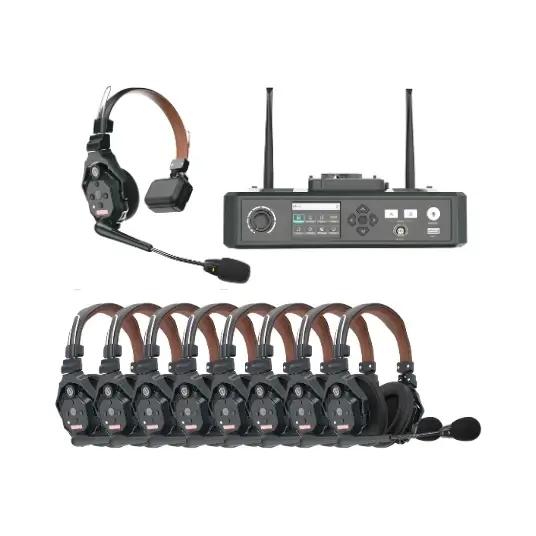 Wireless communication system including one base unit with dual antennas and nine headsets with attached microphones.