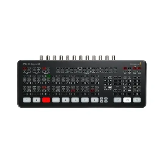 Blackmagic ATEM SDI Extreme ISO video switcher with multiple buttons and SDI input ports on top.