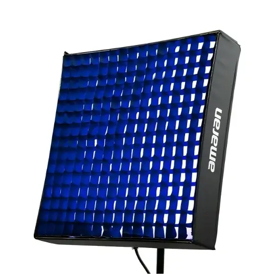Amaran f22c square RGB LED light panel with a grid diffuser on a stand.