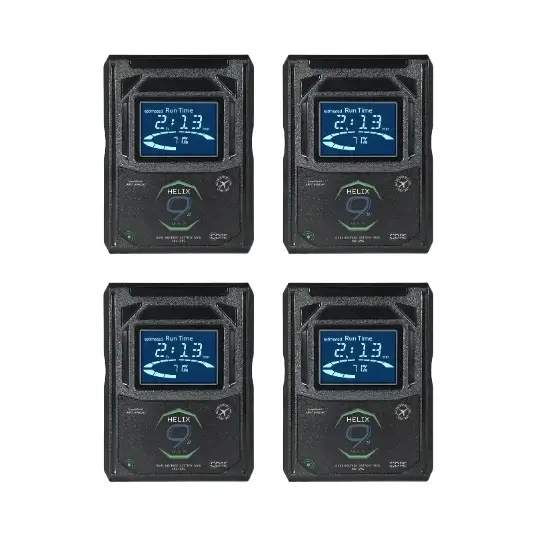Four black CoreSWX Helix Max 98Wh batteries with digital blue LCD screens showing run time and battery status.
