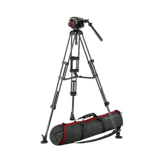 Manfrotto 504HD professional video tripod with adjustable legs and a carrying case.