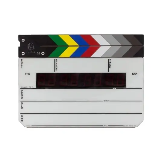 Film clapperboard with colored stripes on the top, digital display, and sections to write roll, scene, take, FPS, production, director, and camera information.