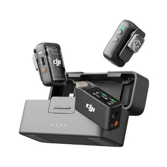 DJI wireless microphone kit including two small transmitters and one receiver with a charging case.