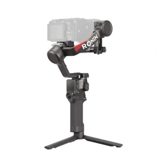 DJI Ronin RS4 camera gimbal stabilizer with folded tripod legs on a white background.