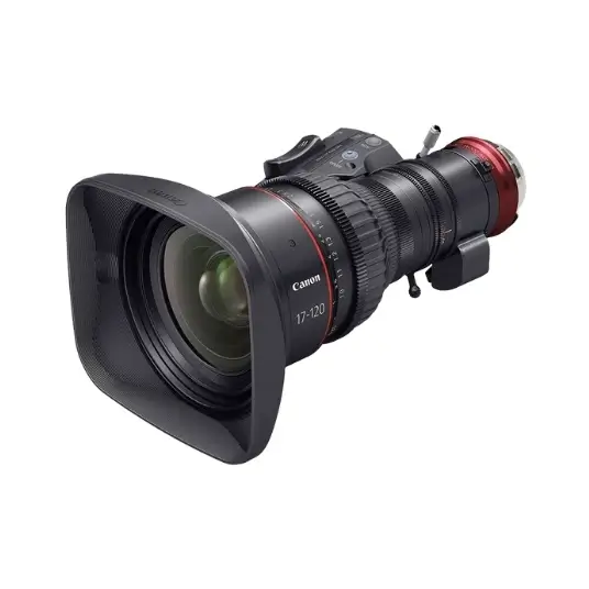 Canon CN7 17-120mm professional video zoom lens with lens hood attached on a white background.